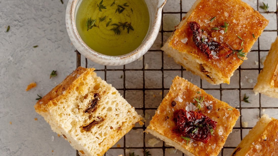 Gluten free focaccia cooling on a wire rack at The Bakery by Knife & Fork